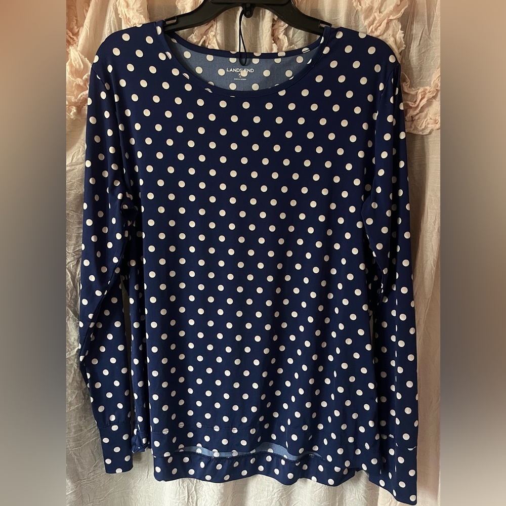 Lands' End Navy and White Polka Dot Long Sleeve Tee size XL